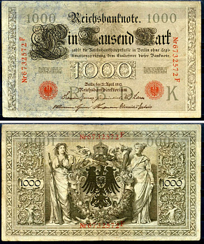 Германия 1000 марок 1910 21 апреля 1910, красная печать, номер семизначный, серия F, буква K, выпуск АПРЕЛЬ - ИЮЛЬ 1918 Pick 44 b бумага 2194-36-2-1