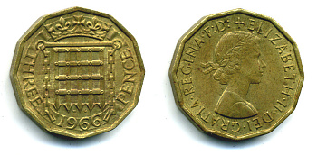 Великобритания 3 пенса 1966 Елизавета II (1952-2022) KM 900, Spink 4153 никель латунь 89-1446