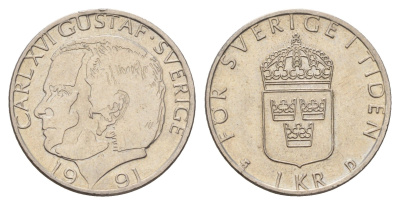 Швеция 1 крона 1991 Карл XVI Густав (1973- ) KM 852a медно-никель 183-315