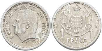 Монако 1 франк 1943 Луи II (1922-1949) KM 120 алюминий 4513-923