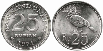 Индонезия 25 рупий 1971 венценосный голубь KM 34 медно-никель 86-1142