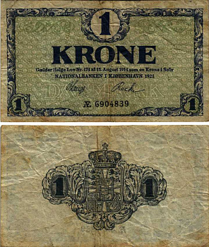 Дания 1 крона 1921 серия АЕ Pick 12f бумага 7183-34-2-2