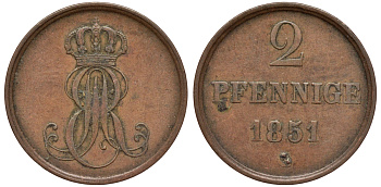 Ганновер 2 пфеннига 1851 B, Эрнст Август (1837-1851) KM 202.1, AKS 124, J. 75 медь 75-1954