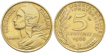ФРАНЦИЯ 5 САНТИМОВ 1966 ТИП MARIANNE KM 933, LE FRANC 125.2 алюминиевая бронза 112-824