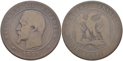 ФРАНЦИЯ 10 САНТИМОВ 1855 K, НАПОЛЕОН III (1852-1870) KM 771.5, LE FRANC 133.27 бронза 114-1244