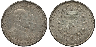 Швеция 2 кроны 1907 Оскар II (1872-1907) король Швеции золотая свадьба KM 776 серебро 413-6045