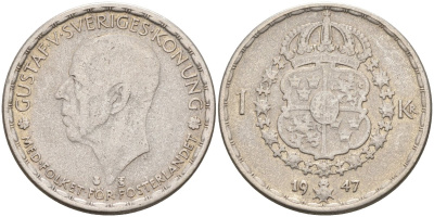 Швеция 1 крона 1947 TS, Густав V (1907-1950) KM 814 серебро 4591-337