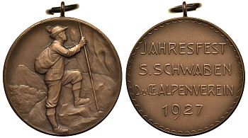 ШВАБИЯ (ШТУТГАРТ) МЕДАЛЬ 1927 ПОКОРИТЕЛЮ АЛЬП, 33 мм, 16,7 гр UNC 1072-9-24