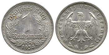 ГЕРМАНИЯ 1 РЕЙХСМАРКА 1934 А KM 78, J. 354 никель 4380-527