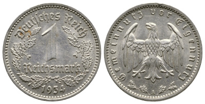 ГЕРМАНИЯ 1 РЕЙХСМАРКА 1934 А KM 78, J. 354 никель 4380-527