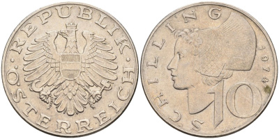 Австрия 10 шиллингов 1974 KM 2918 никель плакированный медно-никелем 4593-531