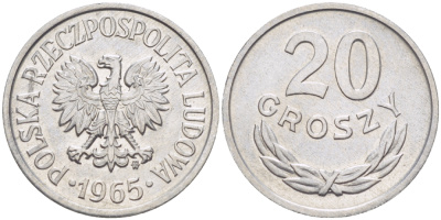 ПОЛЬША 20 ГРОШЕЙ 1965 MW KM А47, Parchimowicz 208e алюминий UNC 216-932