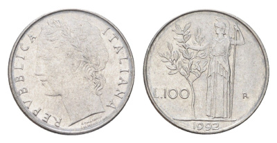 Италия 100 лир 1992 R, Афина в доспехах KM 96.2 нержавеющая сталь 4705-164
