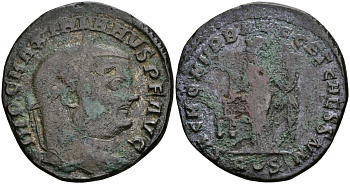 Римская Империя нуммий 303 - 305 Максимиан Геркулий SAC MON VRB AVGG ET CAESS NN Монета, держащая весы Рим Very fine (степень редкости С2) RIC 111b бронза 270-915