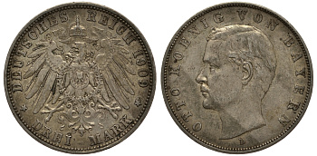 Бавария 3 марки 1909 Отто (1886-1913) Weege 45, J. 47, KM 515 серебро 3711-1911