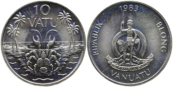 Вануату 10 вату 1983 серия FAO, краб и пальмы KM 6 медно-никель UNC 4179-647