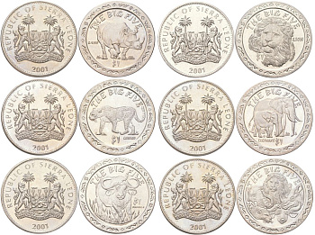 Сьерра-Леоне полный набор из 6 монет (1 доллар) 2001 Большая африканская пятерка - Носорог, Лев, Леопард, Слон и Африканский буйвол KM 222, 225, 228, 231, 234 и 237 медно-никель BU N3-40