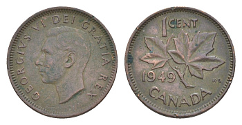 Канада 1 цент 1949 Георг VI (1936-1952), кленовый лист KM 41 бронза 4630-524