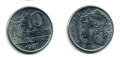 Бразилия 10 сентаво 1976 KM 578.1a, Schon 83b нержавеющая сталь 35-356
