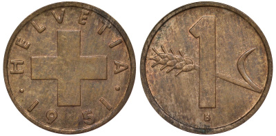Швейцария 1 раппен 1951 в KM 46 бронза 4124-527