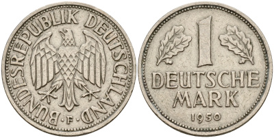 ФРГ 1 марка 1950 F KM 110, J. 385 медно-никель    4601-844