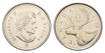 Канада 25 центов 2009 Leaf, Елизавета II (1952-2022), олень KM 493 сталь плакированная никелем UNC 4637-844