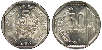 Перу 50 сентимо 2007 KM 307.4 медно-никель aUNC 4605-312