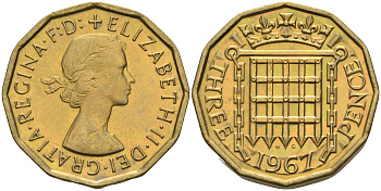 Великобритания 3 пенса 1967 Елизавета II (1952-2022) KM 900, Spink 4153 никель латунь 4592-427