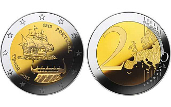 Португалия 2 евро 2015 500 лет первому контакту с Тимором, парусник KM 849 биметалл UNC M46-07