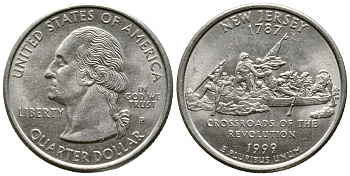 США 25 центов = квотер 1999 Р, серия штаты США, Нью-Джерси KM 295 медь плакированная медно-никелем 4610-547
