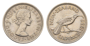 Новая Зеландия 6 пенсов 1956 Елизавета II (1952-2022), разноклювая гуйя KM 26.2 медно-никель 39-1238