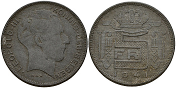 Бельгия 5 франков 1941 DES BELGEN, Леопольд III (1934-1947) KM 129 цинк 4161-913