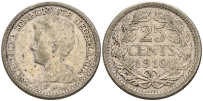 Нидерланды 25 центов 1910 Вильгельмина (1890-1948), редкая KM 146 серебро 4576-755