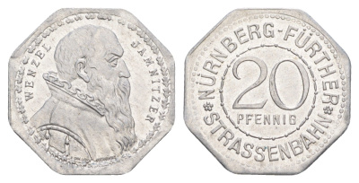 Нюрнберг трамвайный (транспортный) жетон в 20 пфеннигов ND (1920-1921) Венцель Ямницер Men05 19256.45, Men18 24102.45, Eklund 1247 алюминий UNC 3459-521