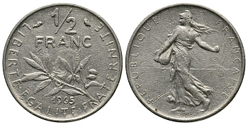 Франция 1/2 франка 1965 сеятель KM 931, Le Franc 198.3 никель 54-1029