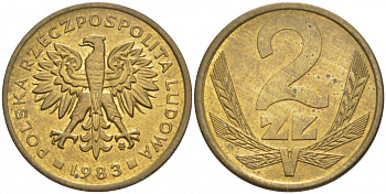 ПОЛЬША 2 ЗЛОТЫХ 1983 MW KM 80.1 латунь UNC 4532-121