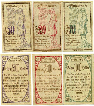 Австрия, Брунн набор из 3 банкнот 10, 20, 50 геллеров 1920 29 Апреля 1920 - 31 декабря 1920, нотгельд, ярмарочная община в земле Нижняя Австрия   бумага  UNC (пресс) 7555-11-4-1