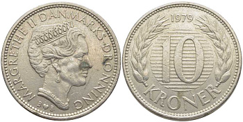 ДАНИЯ 10 КРОН 1979 B; B, МАРГРЕТЕ II (1972-) KM 864.1 медно-никель 109-1033