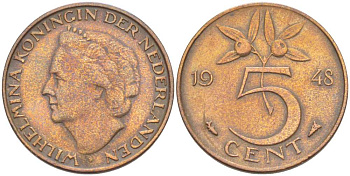 НИДЕРЛАНДЫ 5 ЦЕНТОВ 1948 ВИЛЬГЕЛЬМИНА (1890-1948) KM 176 бронза 210-1217