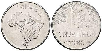 Бразилия 10 крузейро 1983 карта Бразилии KM 592.1 нержавеющая сталь 87-545