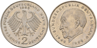 ФРГ 2 марки 1985 F, Конрад Аденауэр KM 124, J. 406 медно-никель 4159-1244