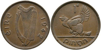 ИРЛАНДИЯ 1 ПЕННИ 1942 КУРИЦА С ЦЫПЛЯТАМИ KM 11 бронза 4531-633