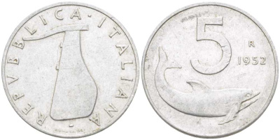 ИТАЛИЯ 5 ЛИР 1952 R, РУЛЬ, ДЕЛЬФИН KM 92 алюминий 31-621