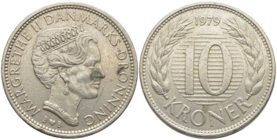 ДАНИЯ 10 КРОН 1979 B; B, МАРГРЕТЕ II (1972-) KM 864.1 медно-никель 109-1033