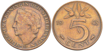 НИДЕРЛАНДЫ 5 ЦЕНТОВ 1948 ВИЛЬГЕЛЬМИНА (1890-1948) KM 176 бронза 210-1217