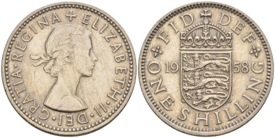Великобритания 1 шиллинг 1958 Елизавета II (1952-2022), Английский герб KM 904, Spink 4147 медно-никель 4153-915