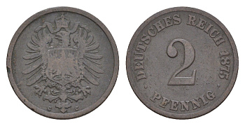 Германия 2 пфеннига 1875 C, Вильгельм I (1871-1888) KM 2, J. 2, Weege 3 медь 4639-1161