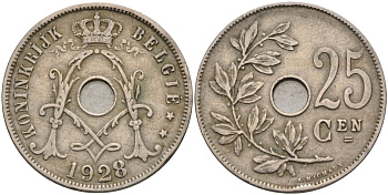 Бельгия 25 сантимов 1928 BELGIE KM 69 медно-никель 4117-1135