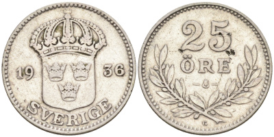 Швеция 25 эре 1936 G, Густав V (1907-1950) KM 785 серебро 4124-661
