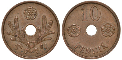 Финляндия 10 пенни 1941 KM 33.1 медь 51-3542